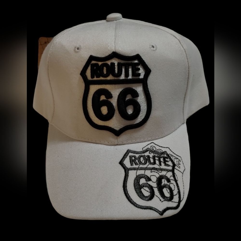 Route 66 sign adjustable Velcro closure‎ cap. Unisex embroidered white. NEW